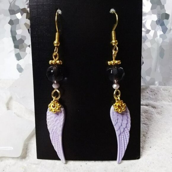Purple, Lilac + Gold! Angel Wings Dangle Earrings! Patina Painted Wings - Picture 6 of 7